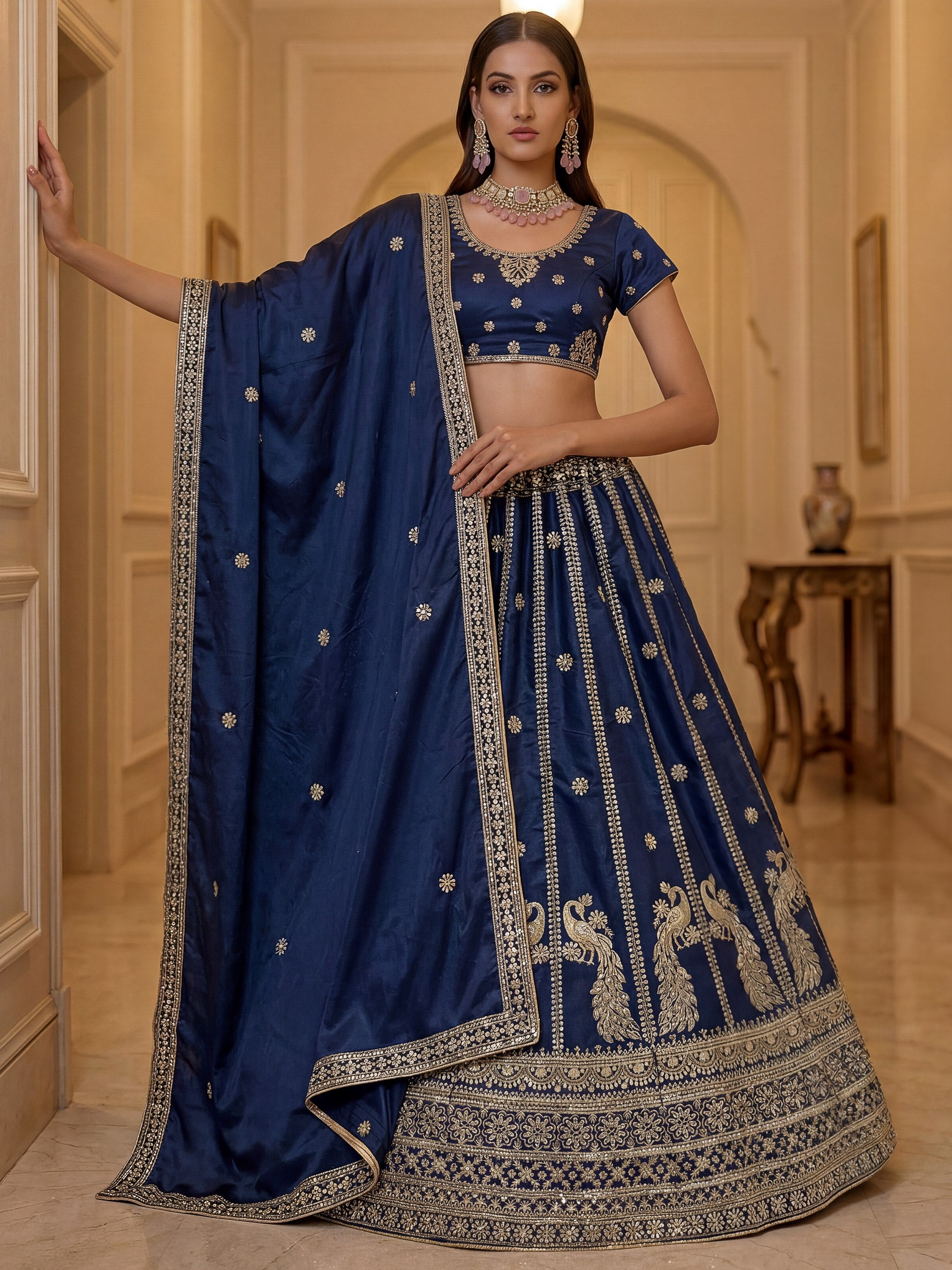 Gorgeous Navy Blue Sequins Silk Wedding Wear Lehenga Choli With Dupatta