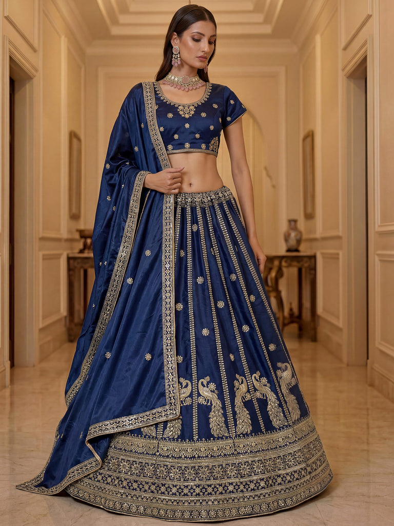Gorgeous Navy Blue Sequins Silk Wedding Wear Lehenga Choli With Dupatta