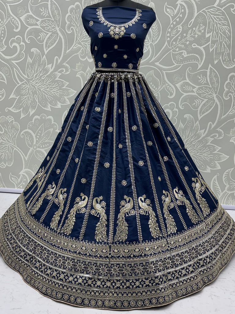 Gorgeous Navy Blue Sequins Silk Wedding Wear Lehenga Choli With Dupatta