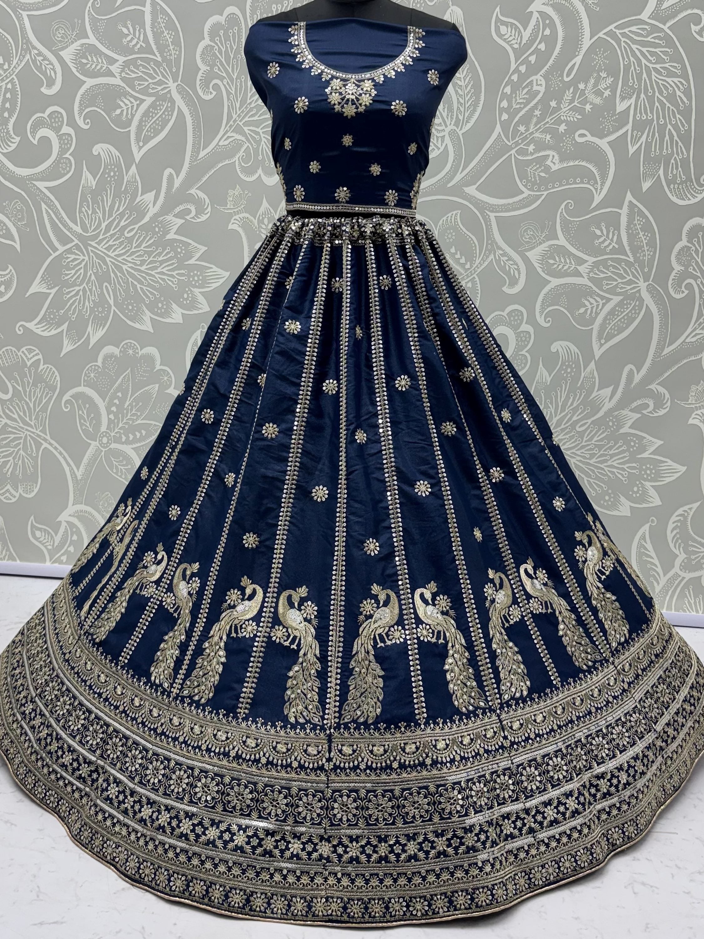 Gorgeous Navy Blue Sequins Silk Wedding Wear Lehenga Choli With Dupatta