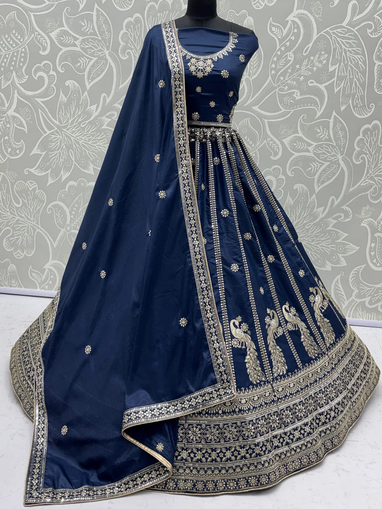 Gorgeous Navy Blue Sequins Silk Wedding Wear Lehenga Choli With Dupatta