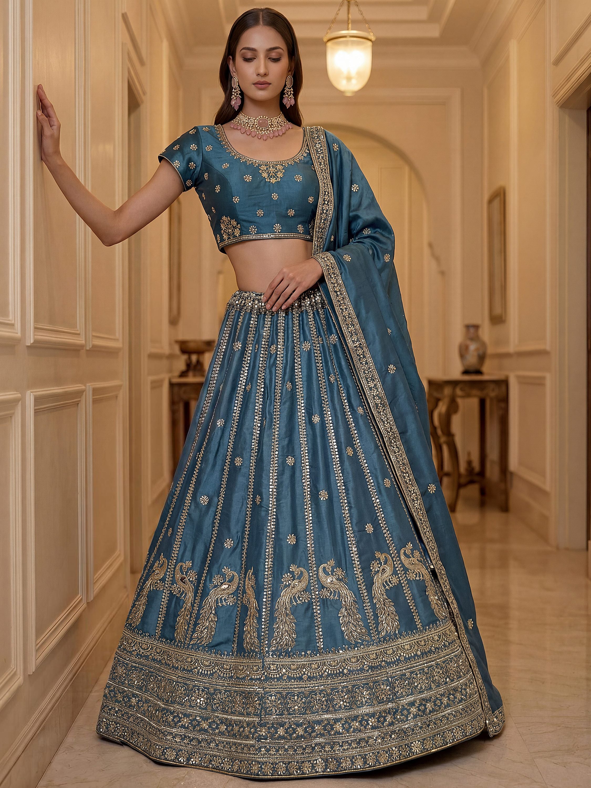 Astonishing Sky Blue Zari Embroidery Silk Sangeet Wear Lehenga Choli
