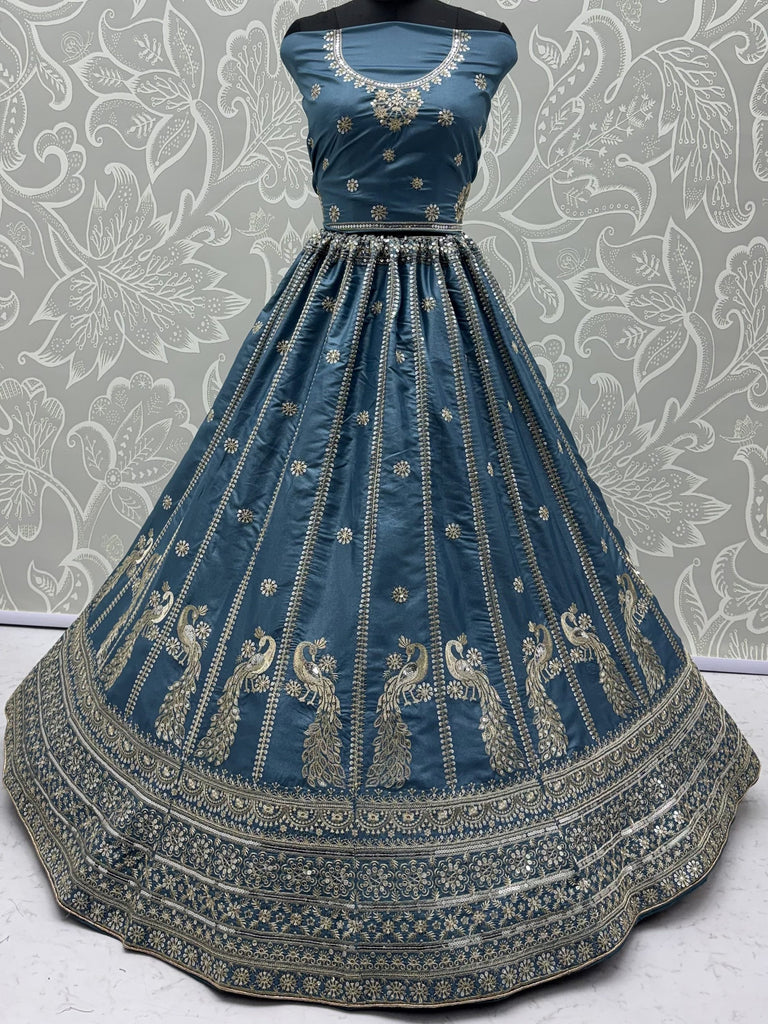 Astonishing Sky Blue Zari Embroidery Silk Sangeet Wear Lehenga Choli