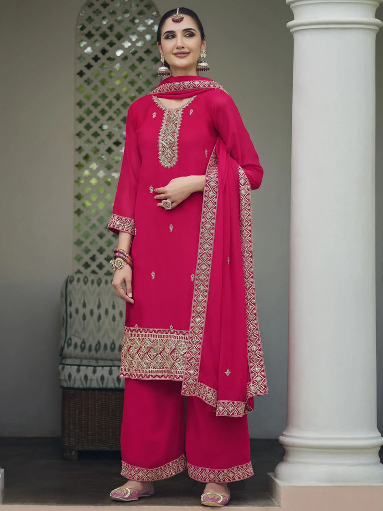 Beautiful Rani Pink Embroidered Georgette Function Wear Palazzo Suit