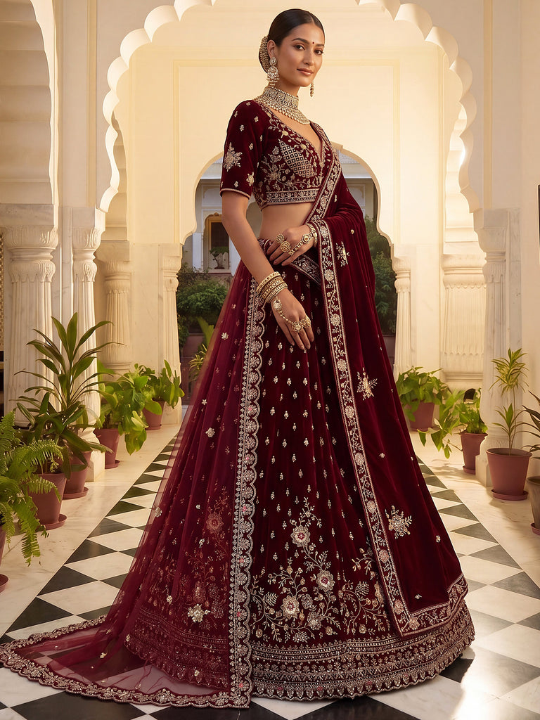 Luxurious Maroon Velvet Bridal Lehenga Choli With Double Dupatta