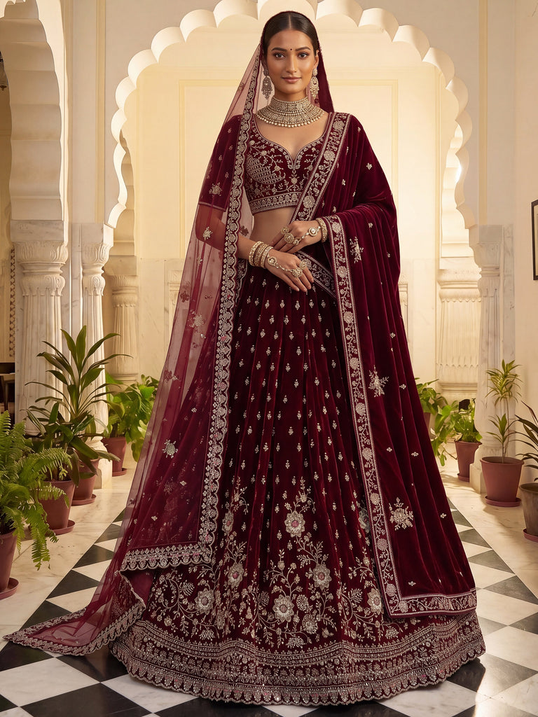 Luxurious Maroon Velvet Bridal Lehenga Choli With Double Dupatta