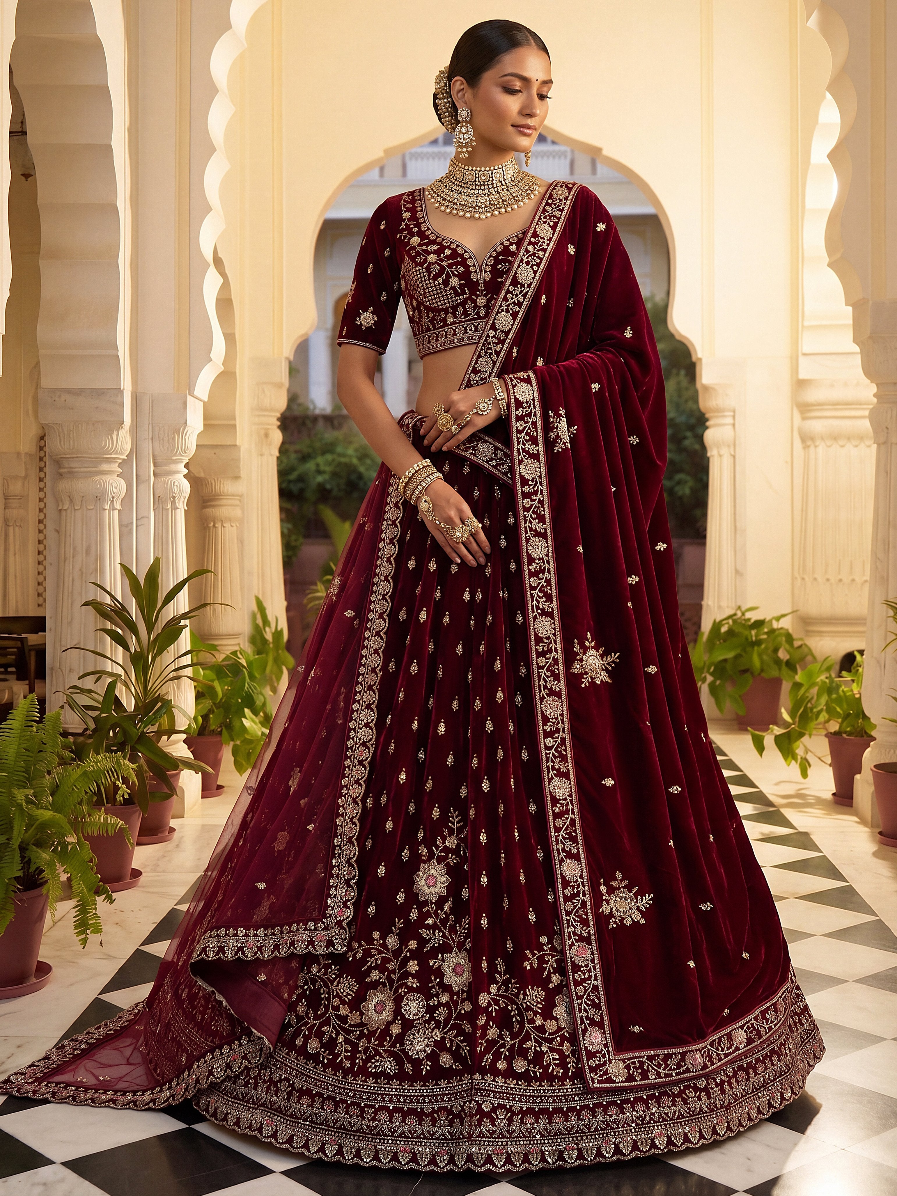 Luxurious Maroon Velvet Bridal Lehenga Choli With Double Dupatta