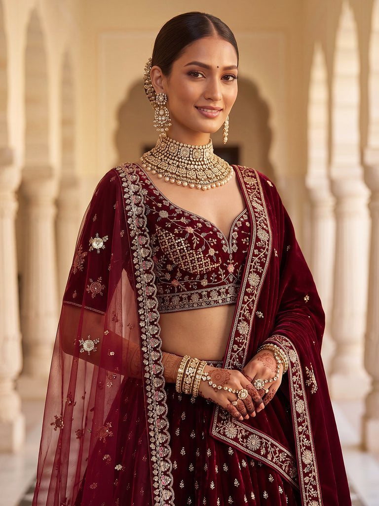 Luxurious Maroon Velvet Bridal Lehenga Choli With Double Dupatta
