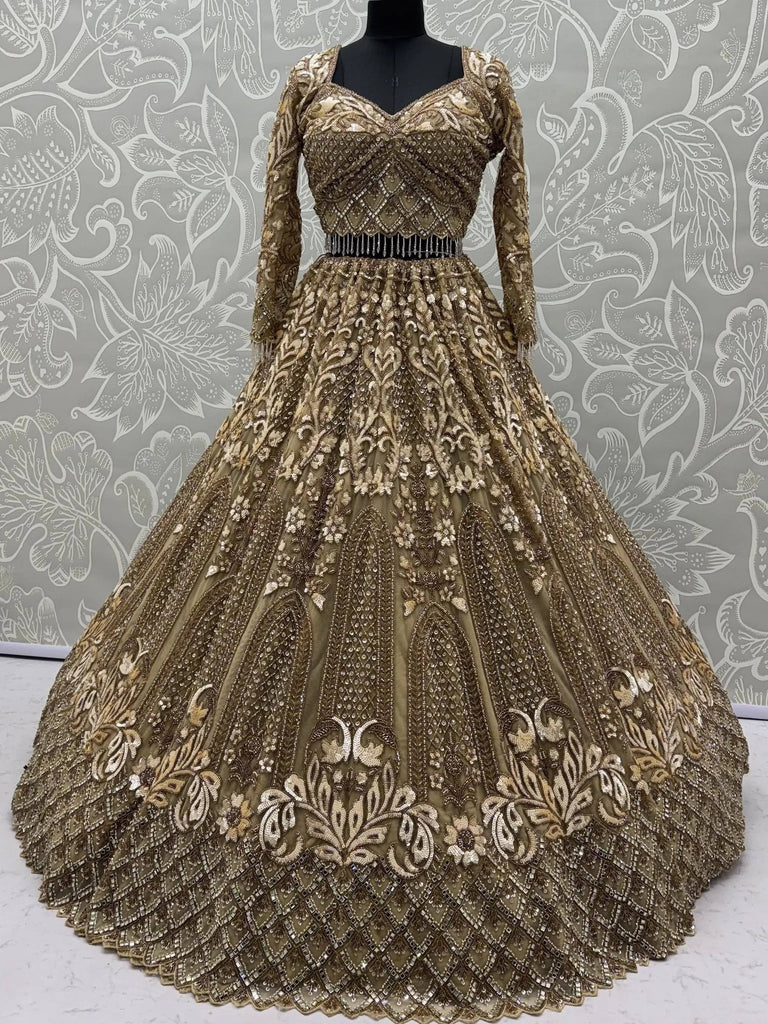 Luxurious Golden Hand Embroidery Net Bridal Lehenga Choli With Dupatta