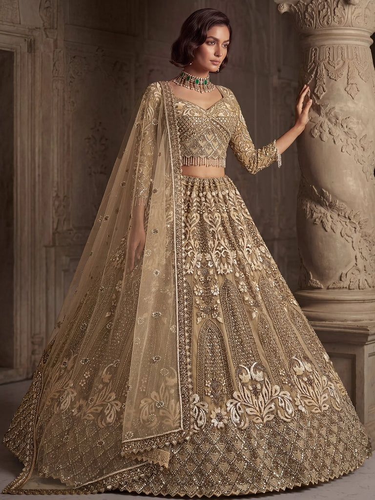 Luxurious Golden Hand Embroidery Net Bridal Lehenga Choli With Dupatta