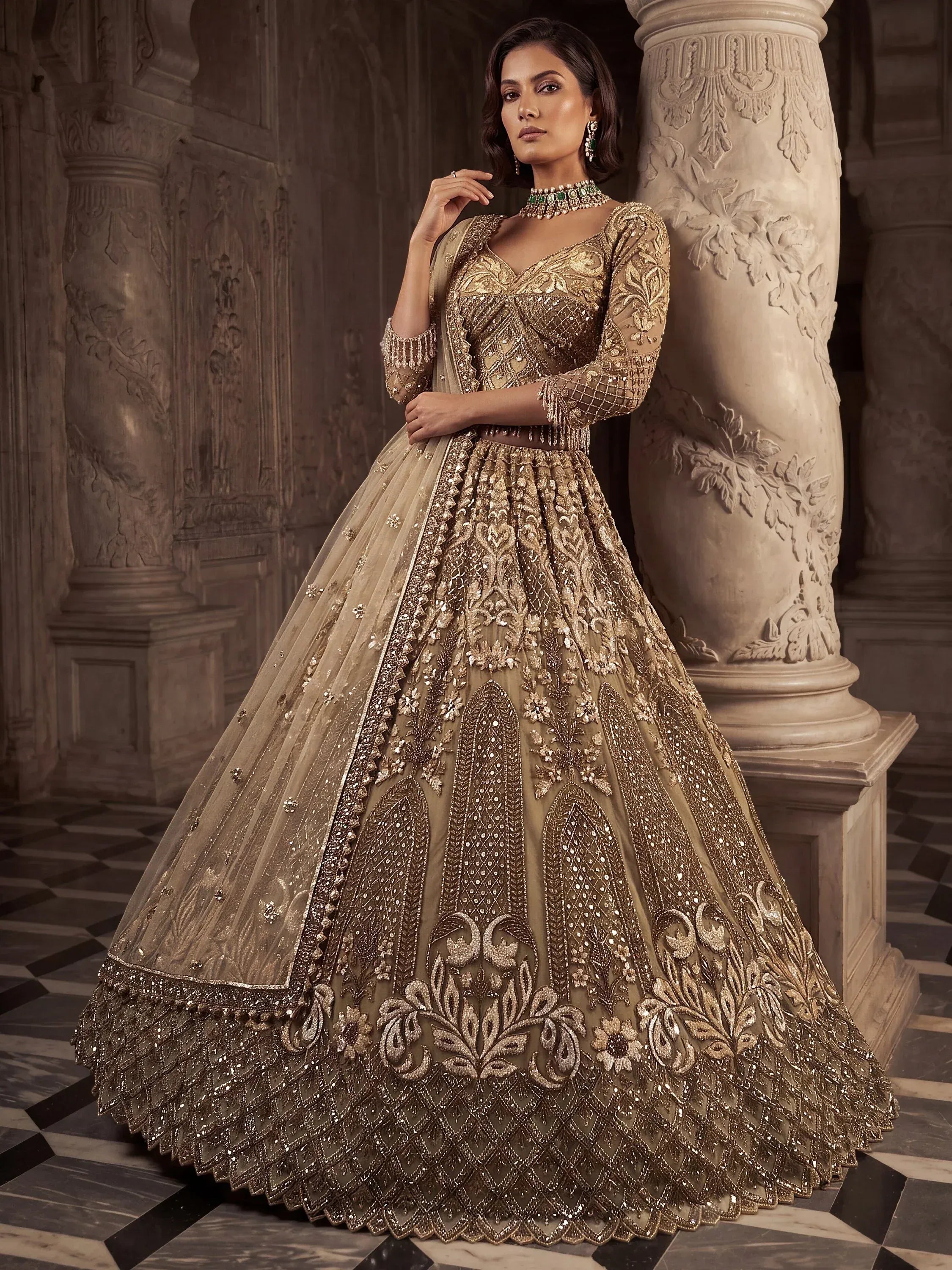 Luxurious Golden Hand Embroidery Net Bridal Lehenga Choli With Dupatta