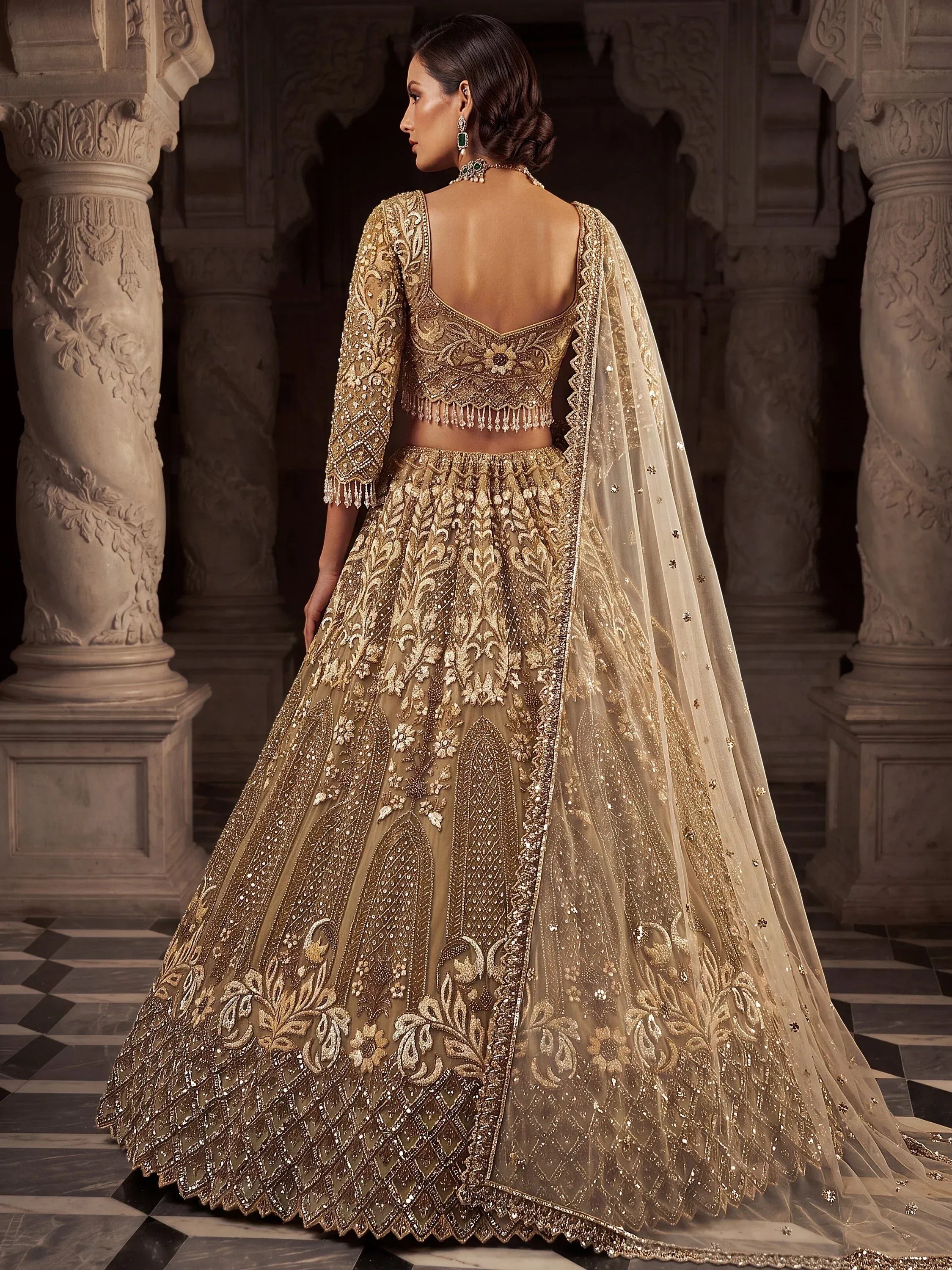 Luxurious Golden Hand Embroidery Net Bridal Lehenga Choli With Dupatta