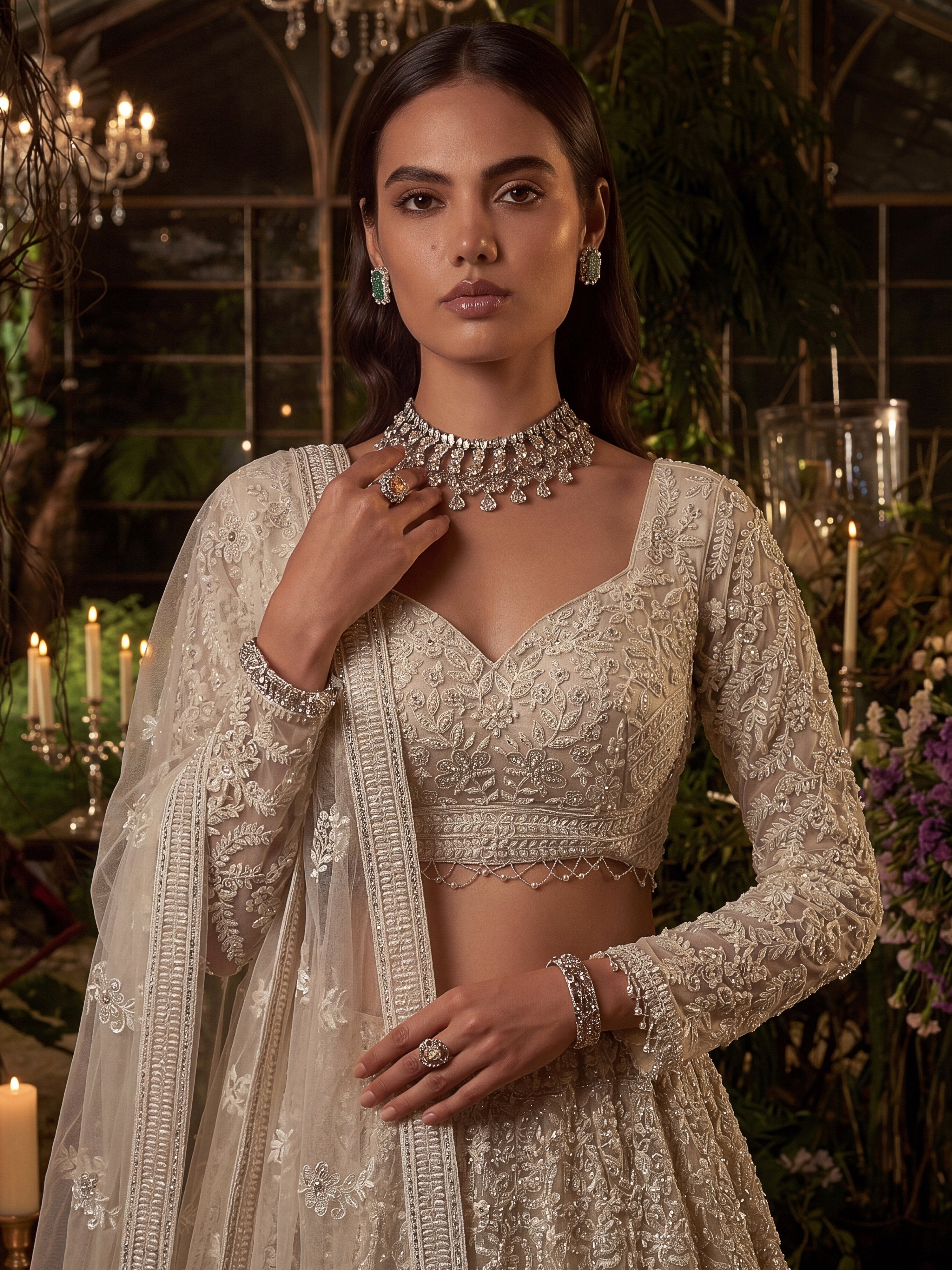 Monochrome White Hand Embroidered Net Wedding Wear Lehenga Choli