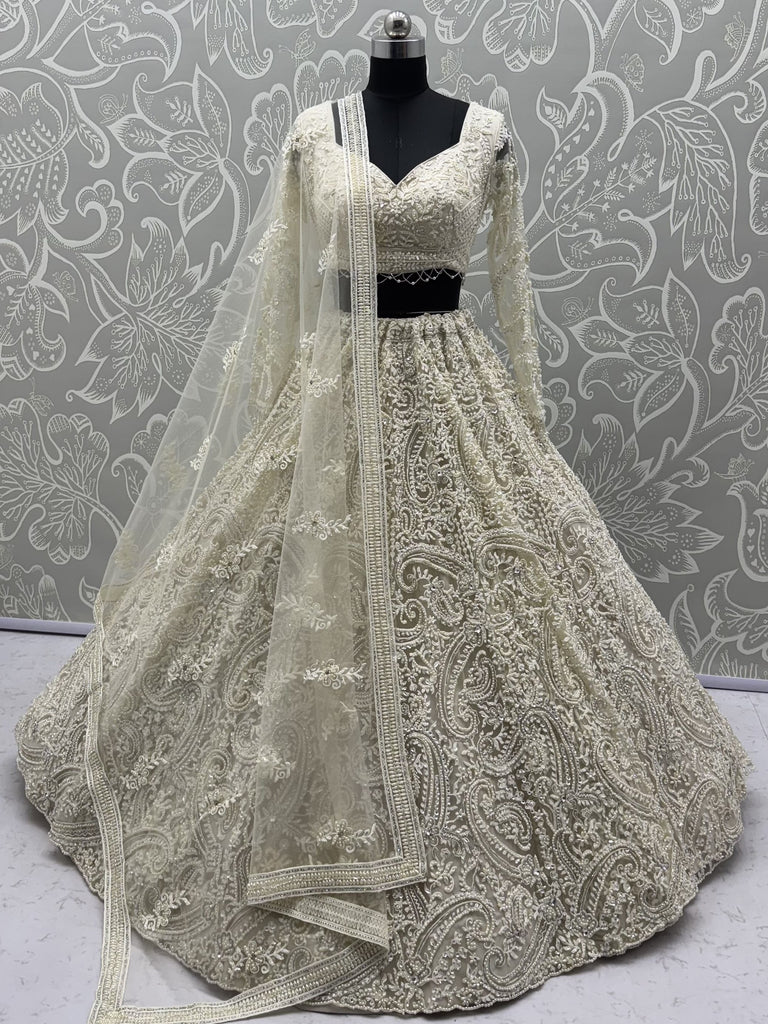 Monochrome White Hand Embroidered Net Wedding Wear Lehenga Choli