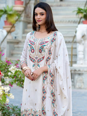 Alluring Off-White Thread Embroidered Vichitra Silk Palazzo Suit