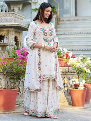 Alluring Off-White Thread Embroidered Vichitra Silk Palazzo Suit