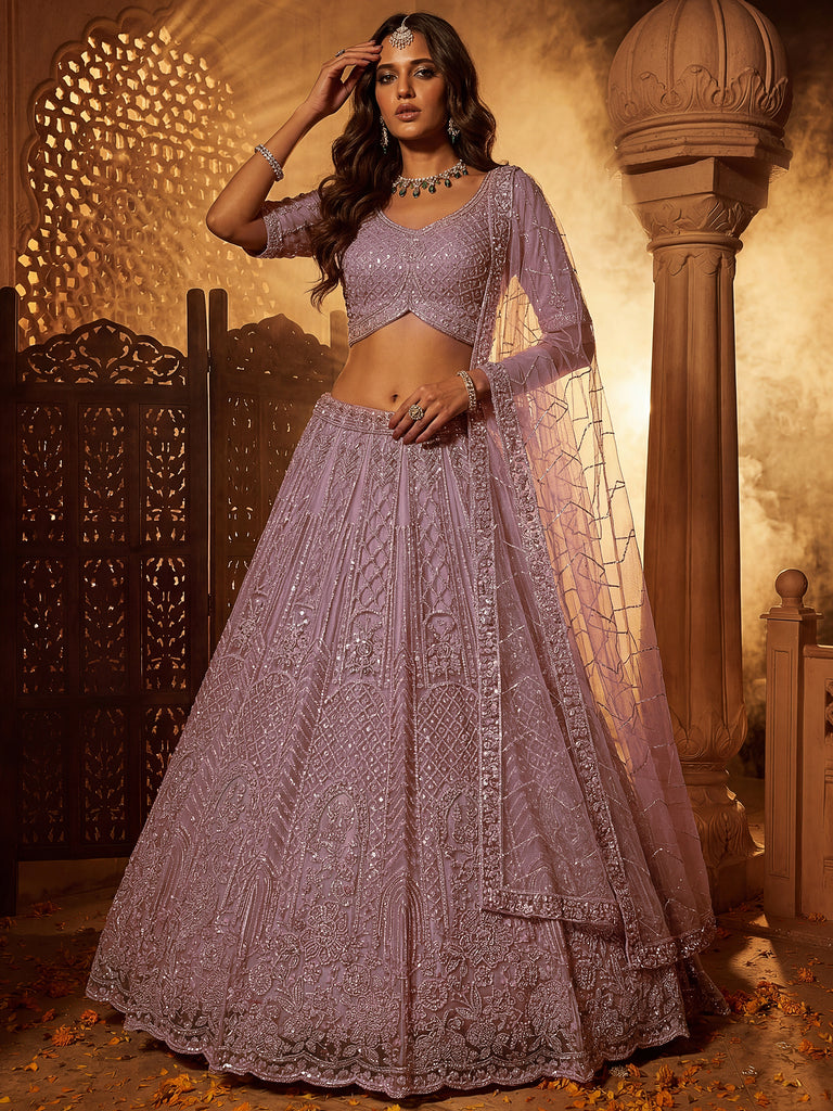 Sparkling Lavender Bead Work Net Bridesmaids Lehenga Choli