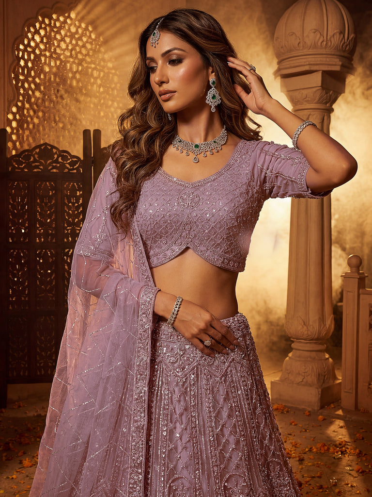 Sparkling Lavender Bead Work Net Bridesmaids Lehenga Choli