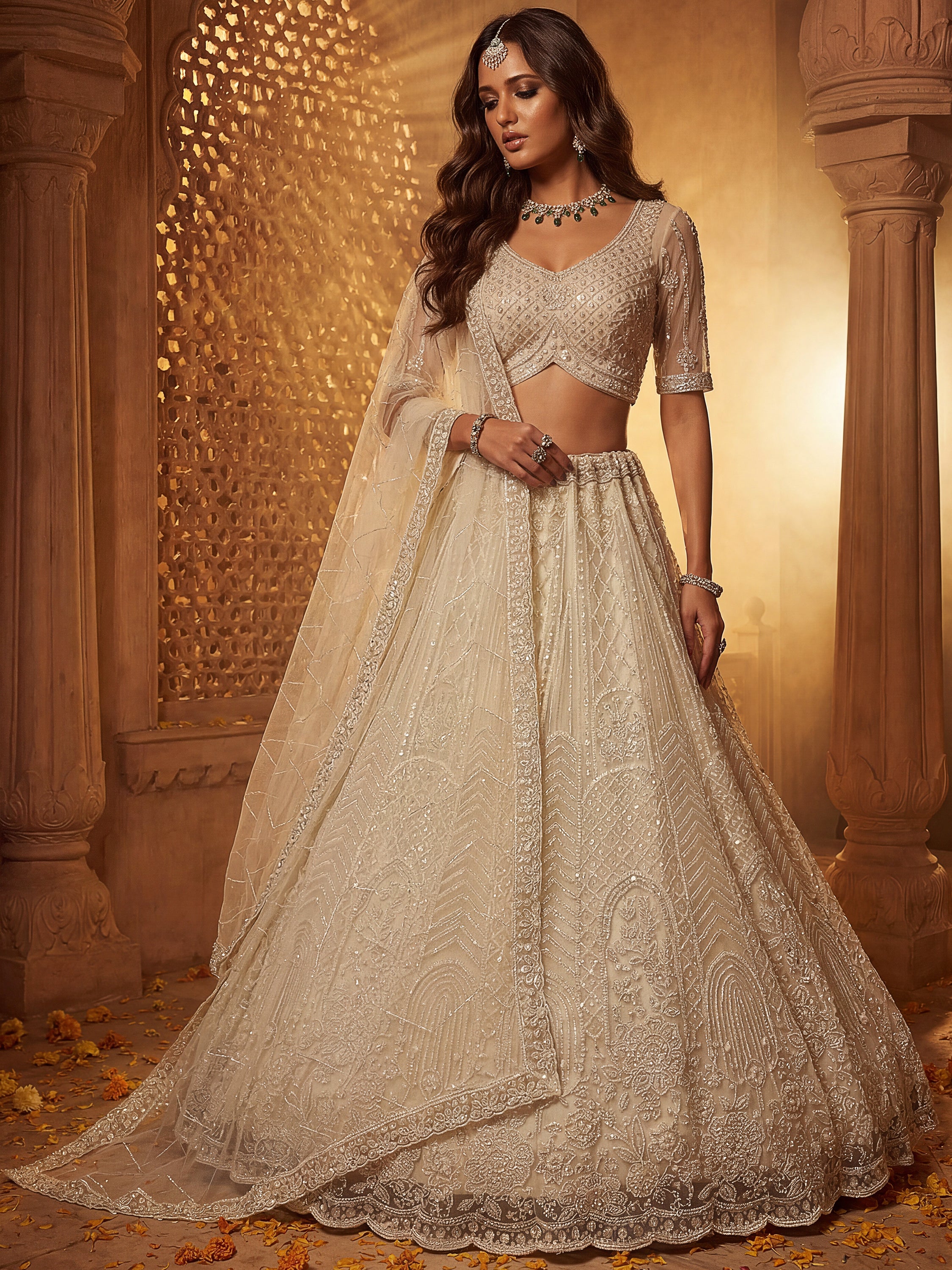 Notable Off-White Sequins Net Traditional Lehenga With Blouse