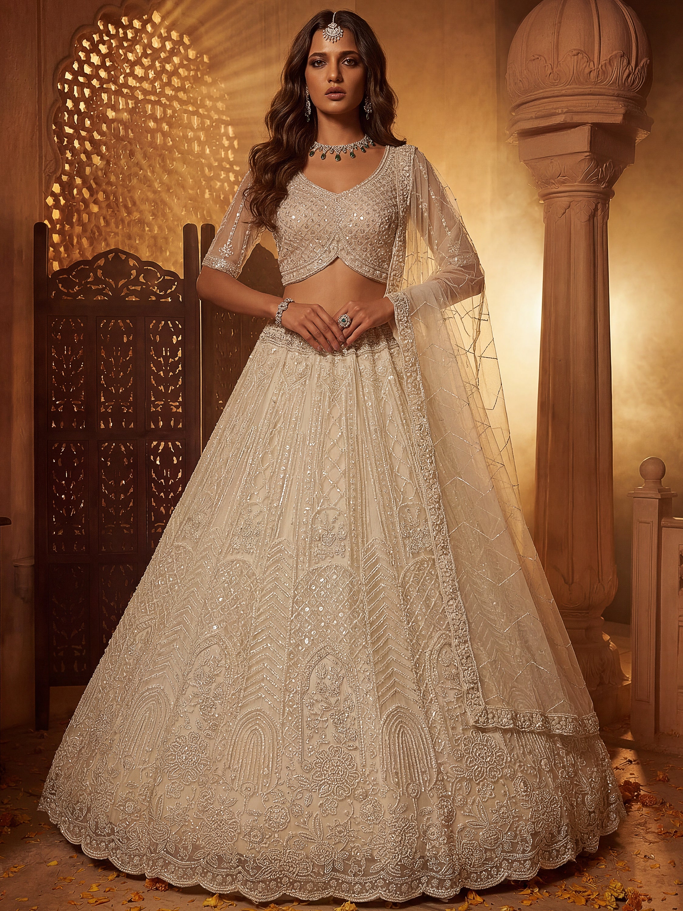 Notable Off-White Sequins Net Traditional Lehenga With Blouse
