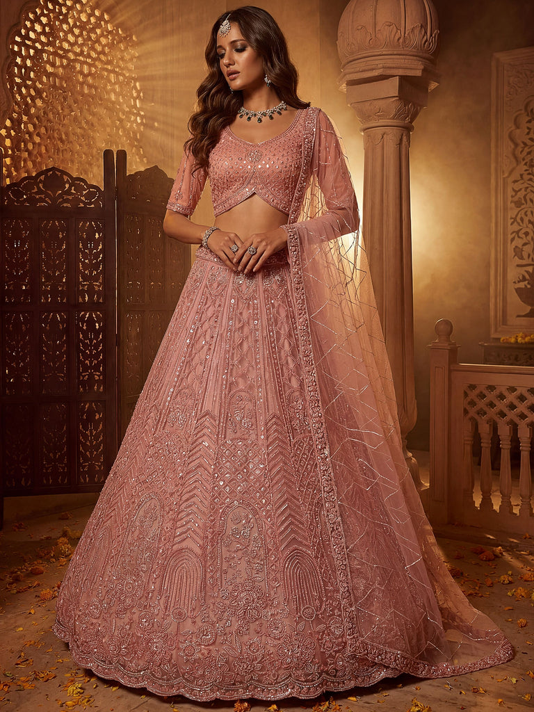 Monochrome Pink Embroidered Net Reception Wear Lehenga Choli