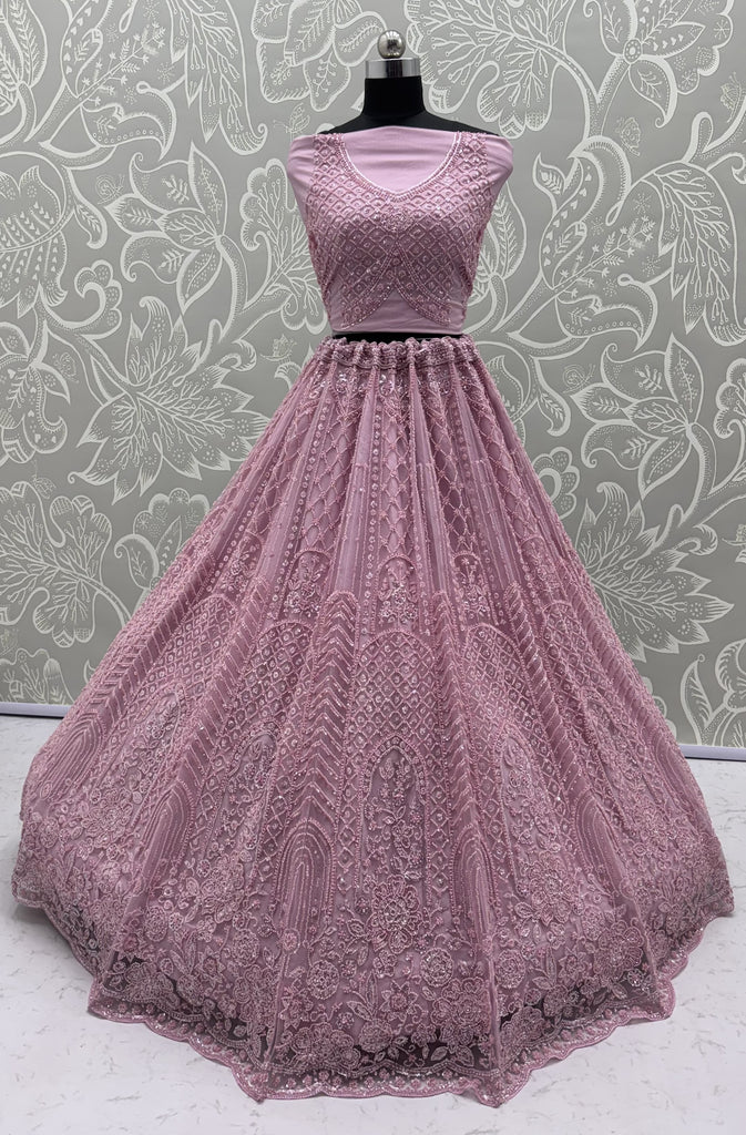 Sparkling Lavender Bead Work Net Bridesmaids Lehenga Choli