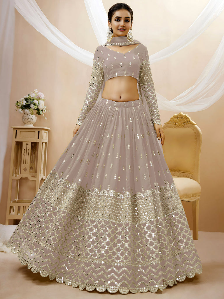 Elegant Grey Embroidered Georgette Wedding Wear Plus Size Lehenga Choli