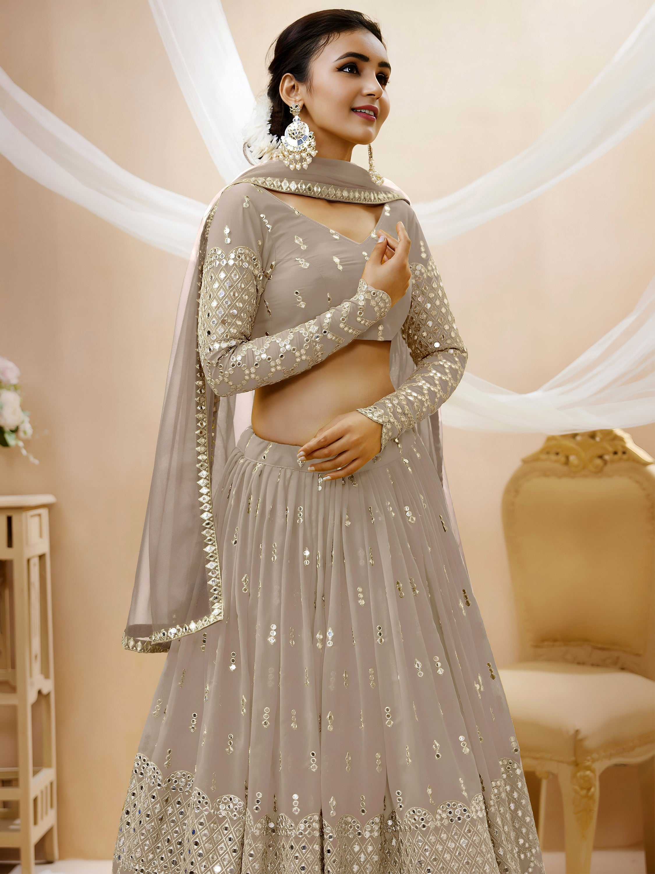 Elegant Grey Embroidered Georgette Wedding Wear Plus Size Lehenga Choli