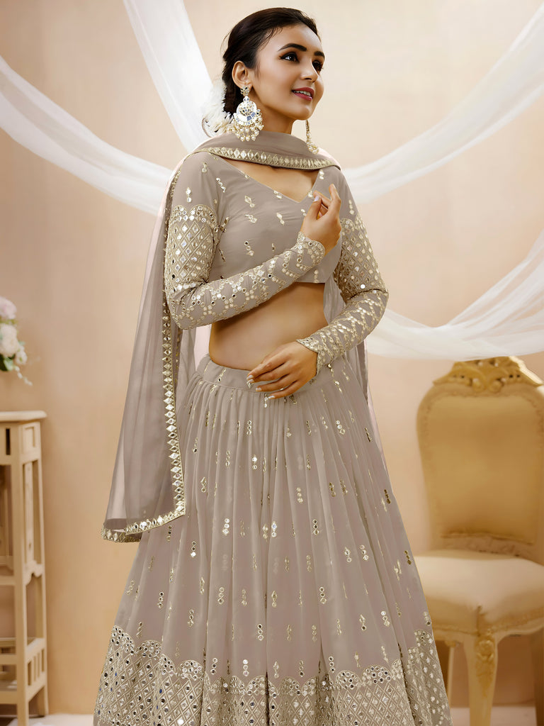 Elegant Grey Embroidered Georgette Wedding Wear Plus Size Lehenga Choli