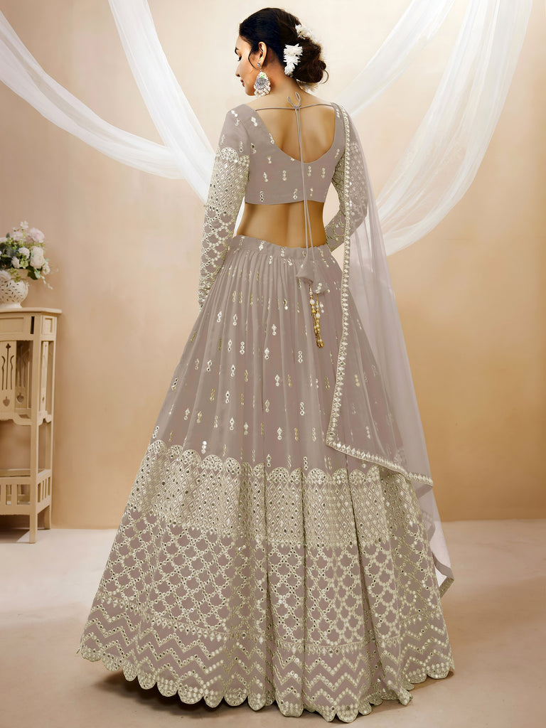 Elegant Grey Embroidered Georgette Wedding Wear Plus Size Lehenga Choli