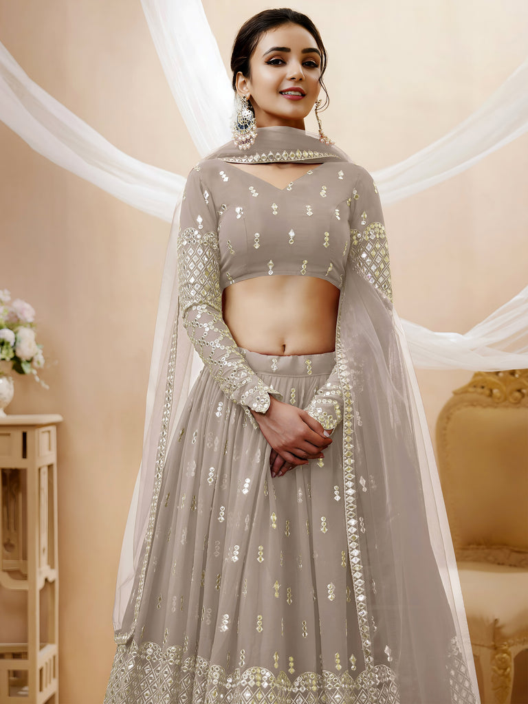 Elegant Grey Embroidered Georgette Wedding Wear Plus Size Lehenga Choli