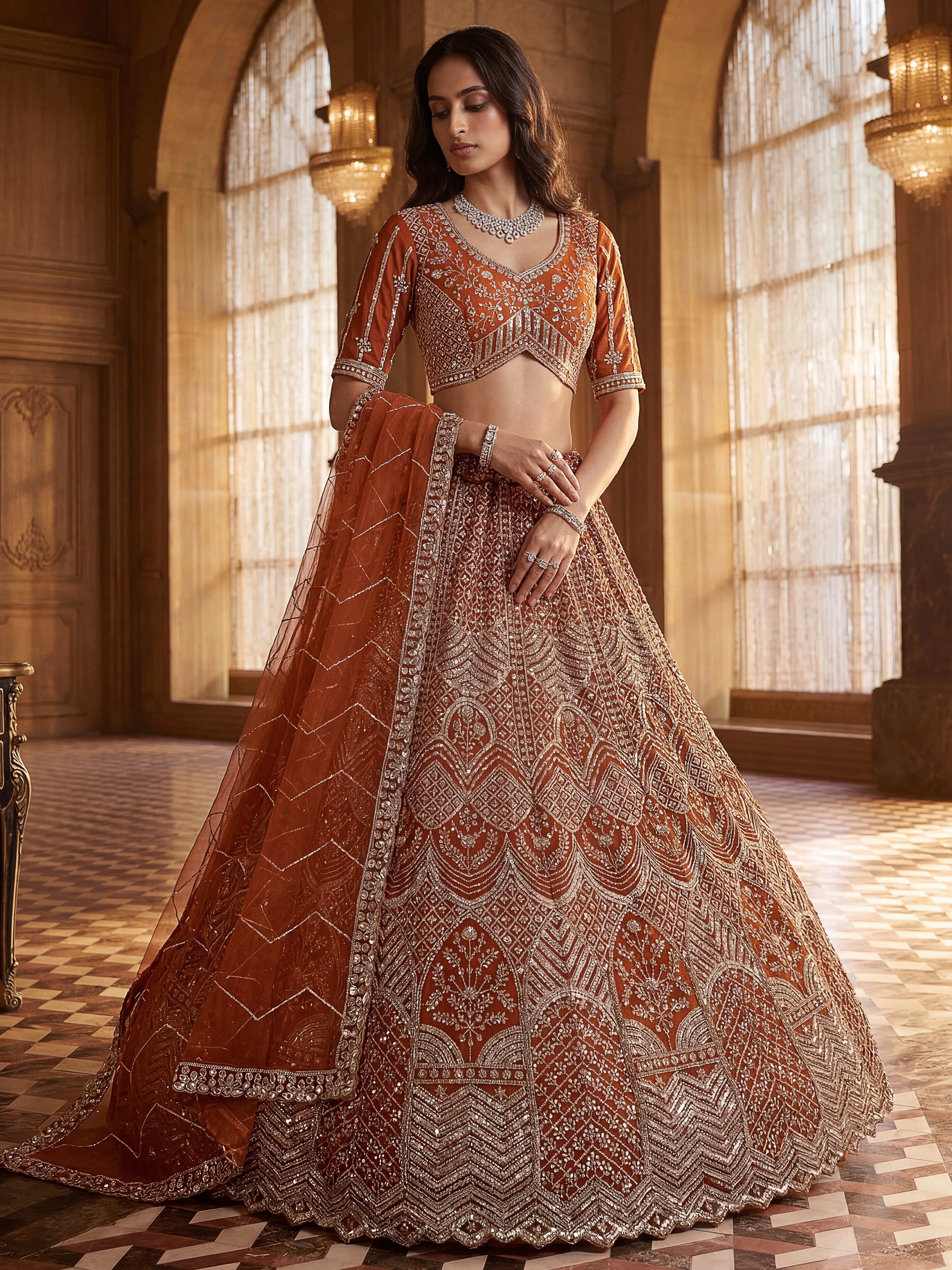Wonderful Rust Orange Sequins Net Wedding Wear Lehenga Choli