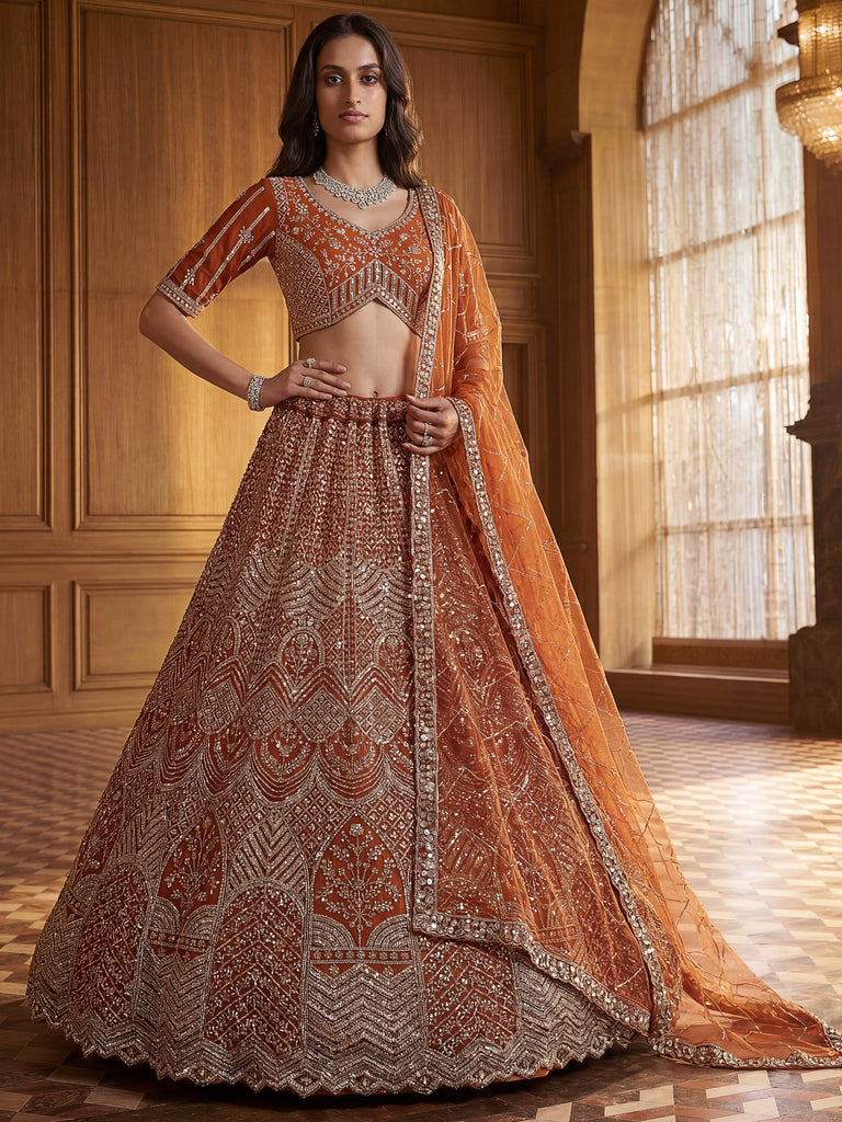 Wonderful Rust Orange Sequins Net Wedding Wear Lehenga Choli