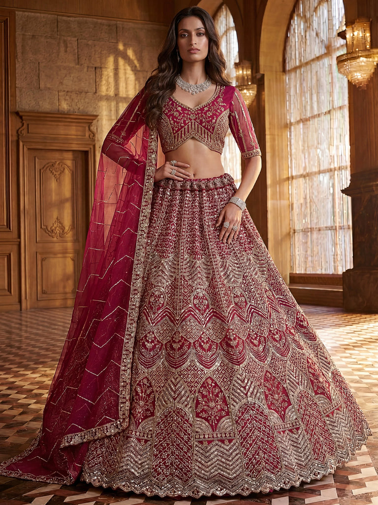 Impressive Pink Embroidered Net Bridal Lehenga Choli With Dupatta