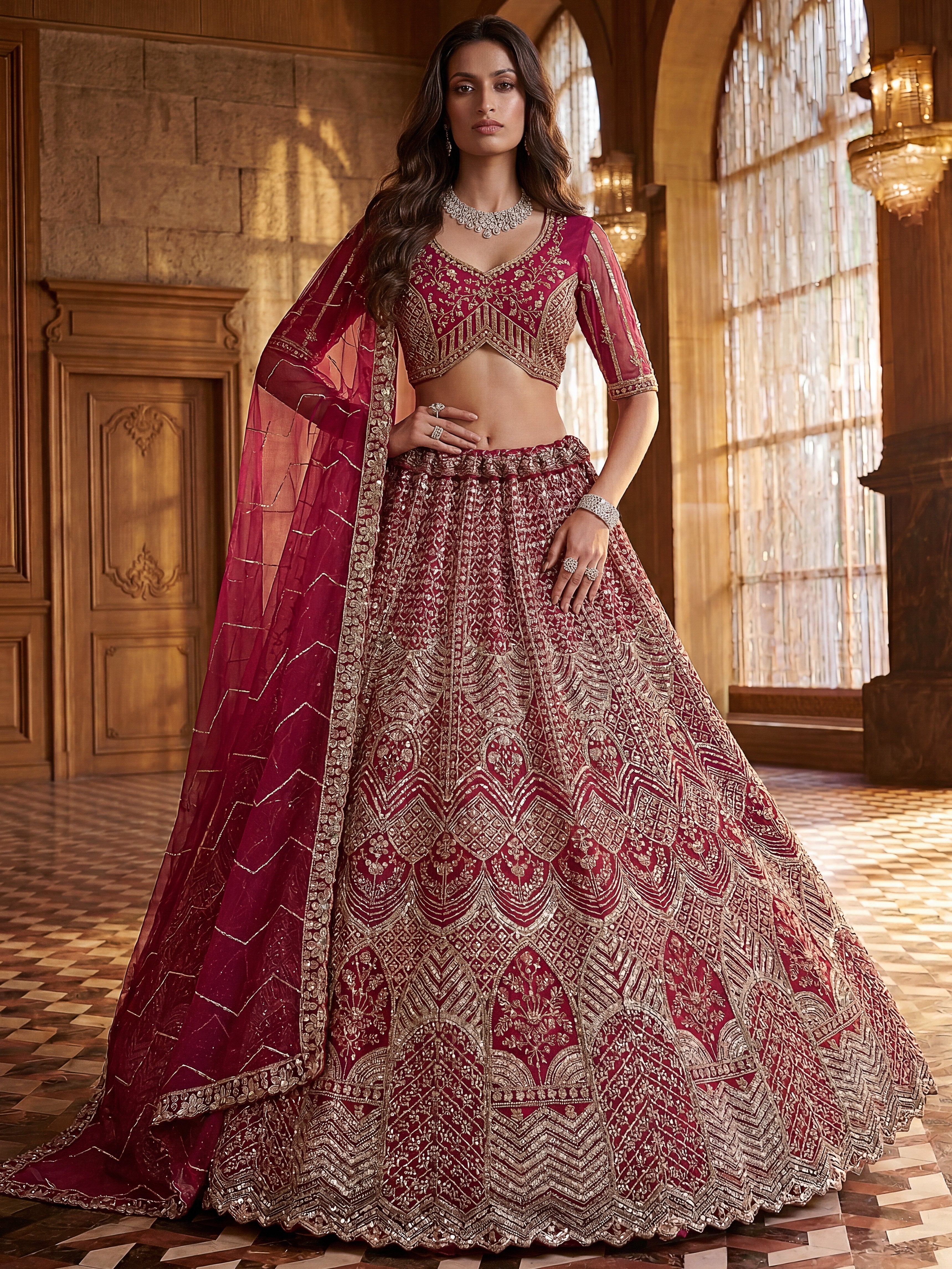 Impressive Pink Embroidered Net Bridal Lehenga Choli With Dupatta