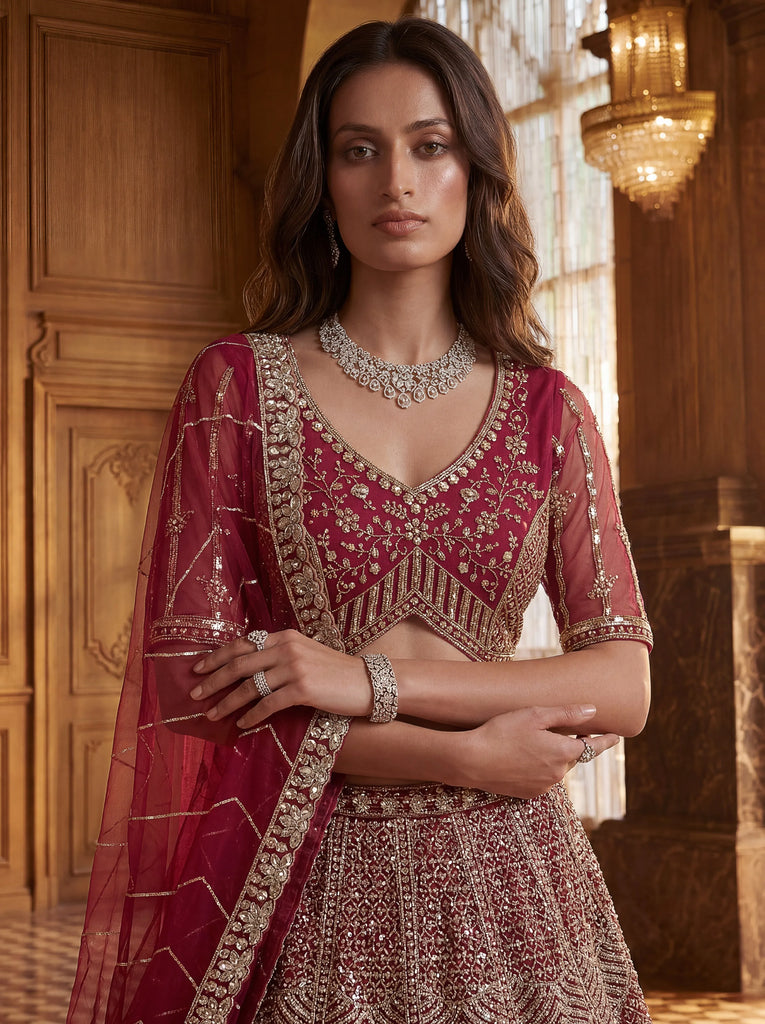 Impressive Pink Embroidered Net Bridal Lehenga Choli With Dupatta