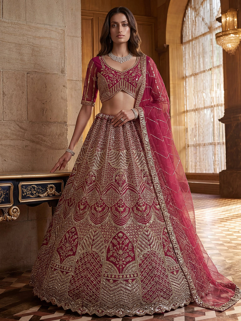 Impressive Pink Embroidered Net Bridal Lehenga Choli With Dupatta