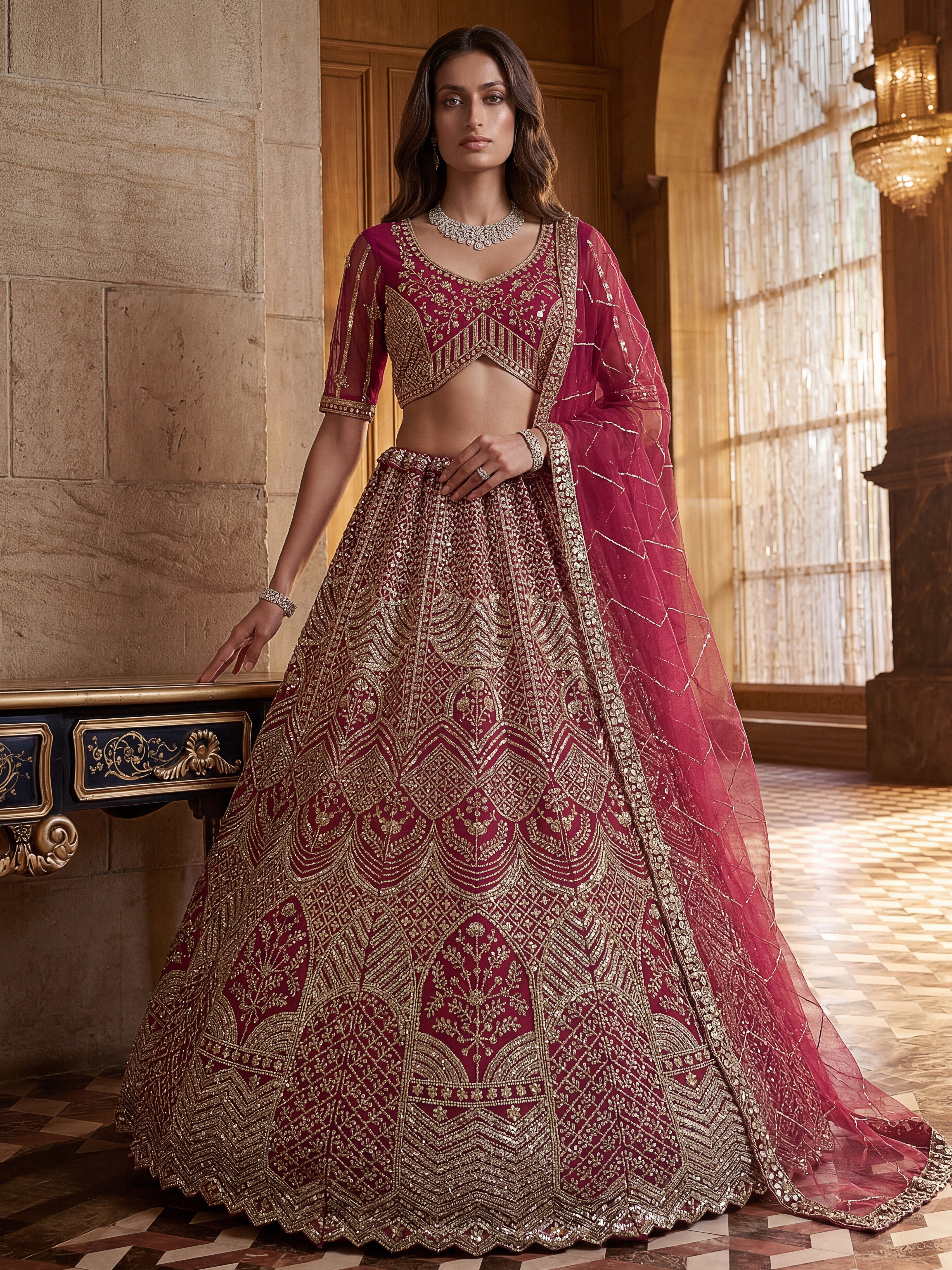 Impressive Pink Embroidered Net Bridal Lehenga Choli With Dupatta