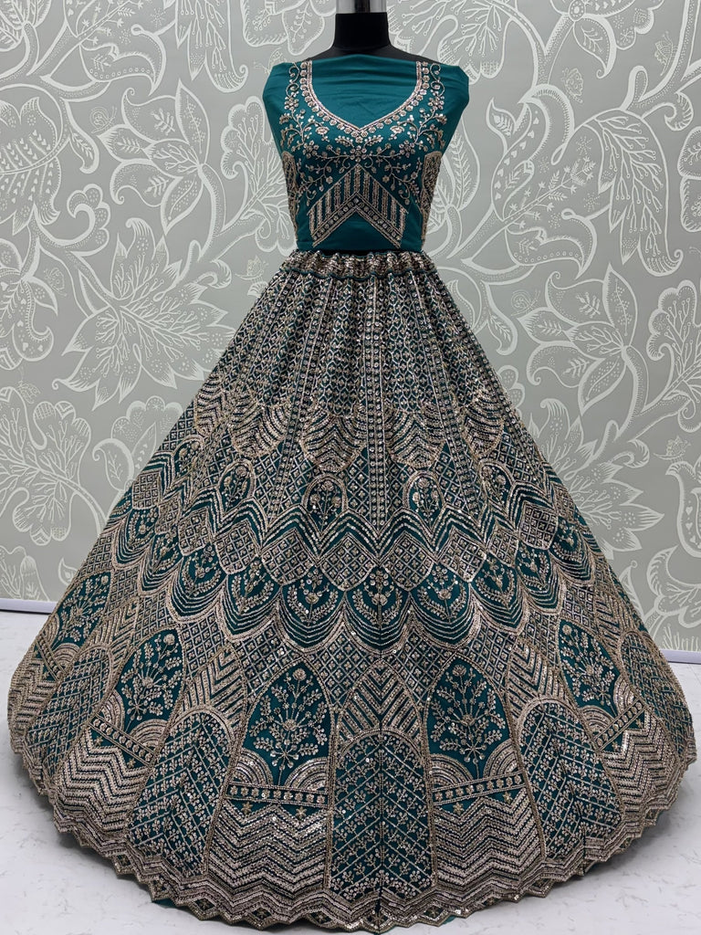 Royal Teal Blue Net Reception Wear Lehenga Choli With Dupatta