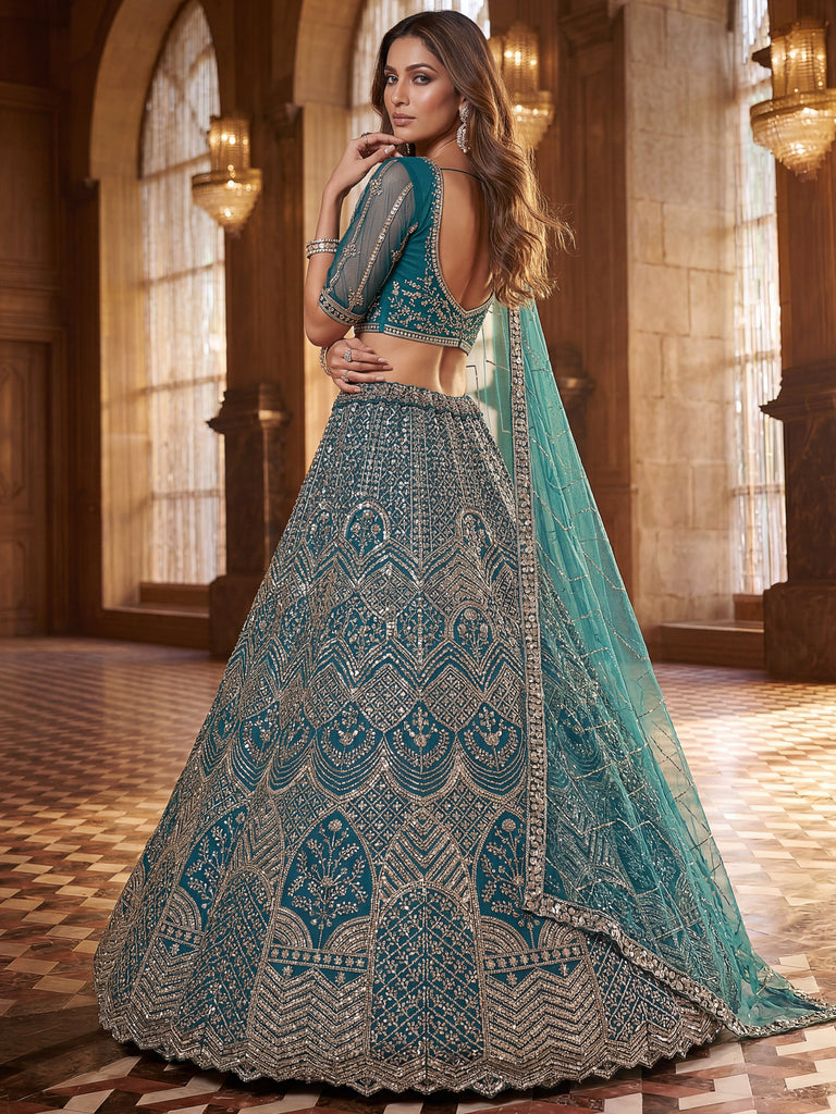 Royal Teal Blue Net Reception Wear Lehenga Choli With Dupatta