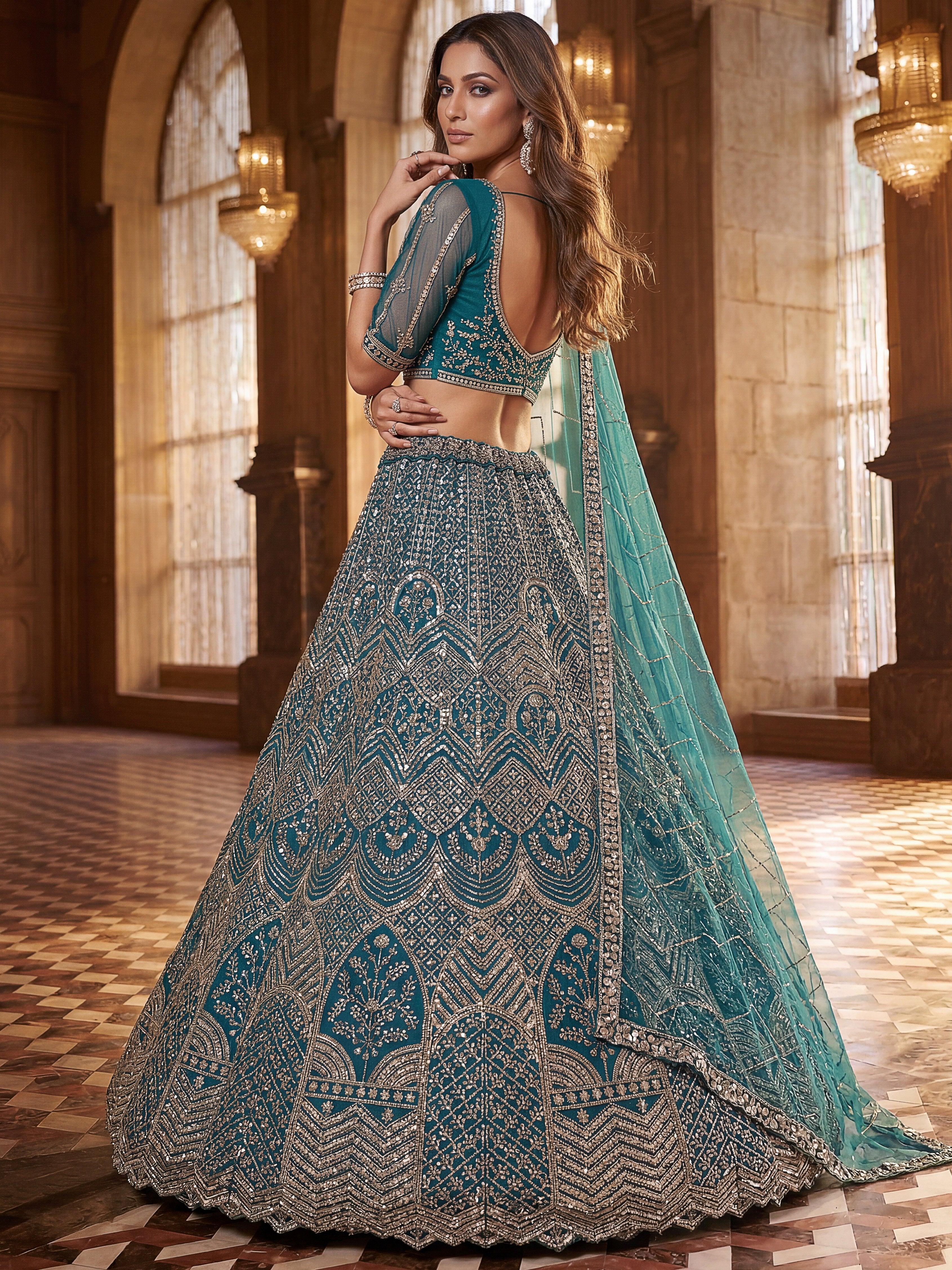 Royal Teal Blue Net Reception Wear Lehenga Choli With Dupatta