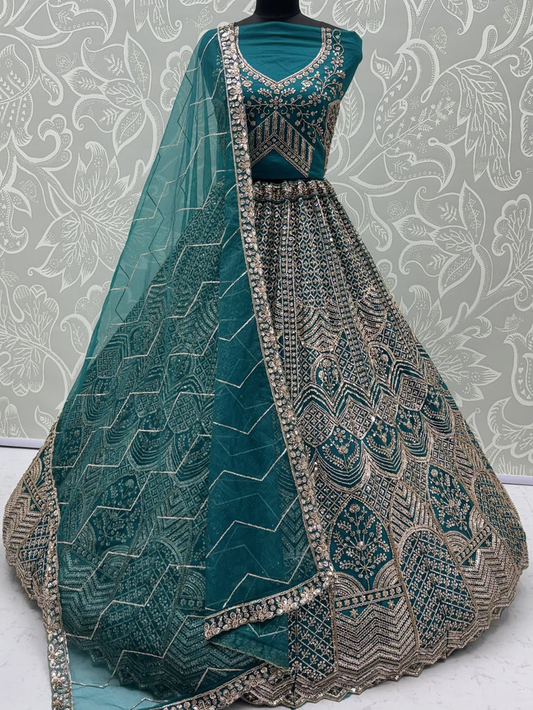 Royal Teal Blue Net Reception Wear Lehenga Choli With Dupatta