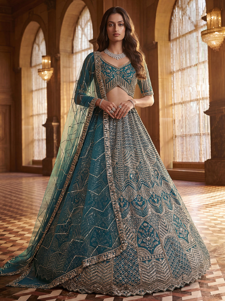 Royal Teal Blue Net Reception Wear Lehenga Choli With Dupatta