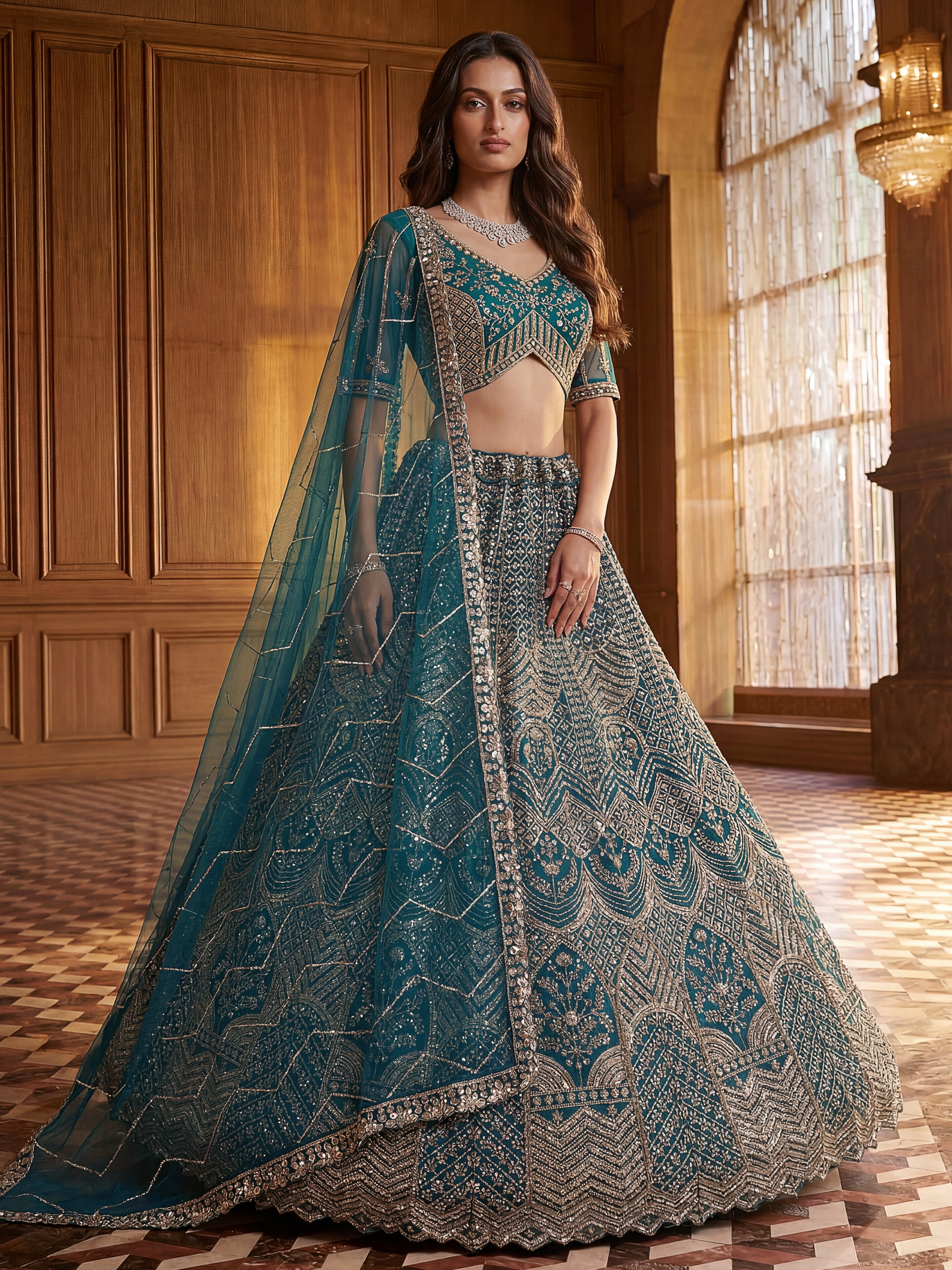 Royal Teal Blue Net Reception Wear Lehenga Choli With Dupatta