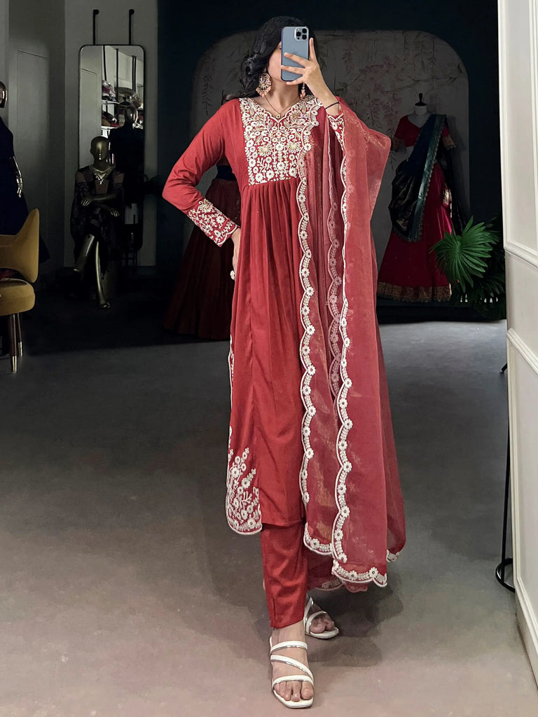 Stylish Orange Thread Embroidered Cotton Festive Wear Salwar Kameez 