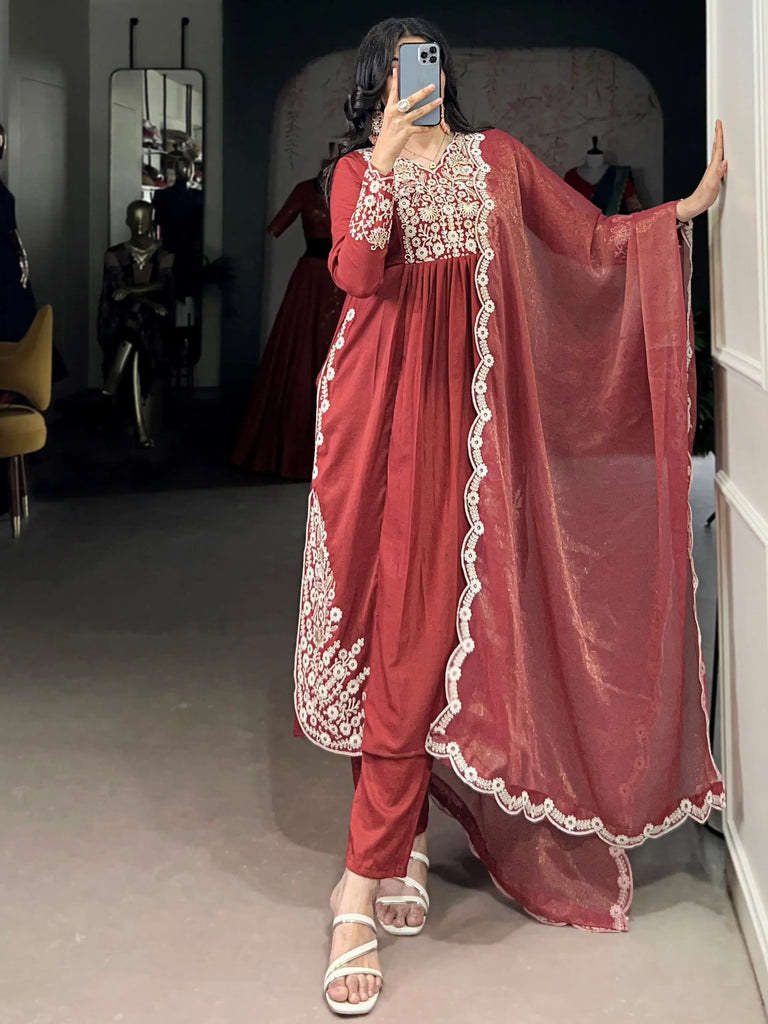 Stylish Orange Thread Embroidered Cotton Festive Wear Salwar Kameez 