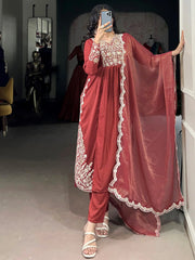 Stylish Orange Thread Embroidered Cotton Festive Wear Salwar Kameez 