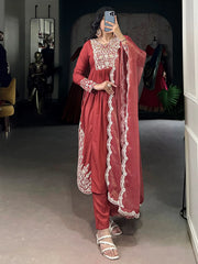 Stylish Orange Thread Embroidered Cotton Festive Wear Salwar Kameez 