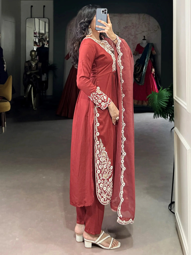 Stylish Orange Thread Embroidered Cotton Festive Wear Salwar Kameez 