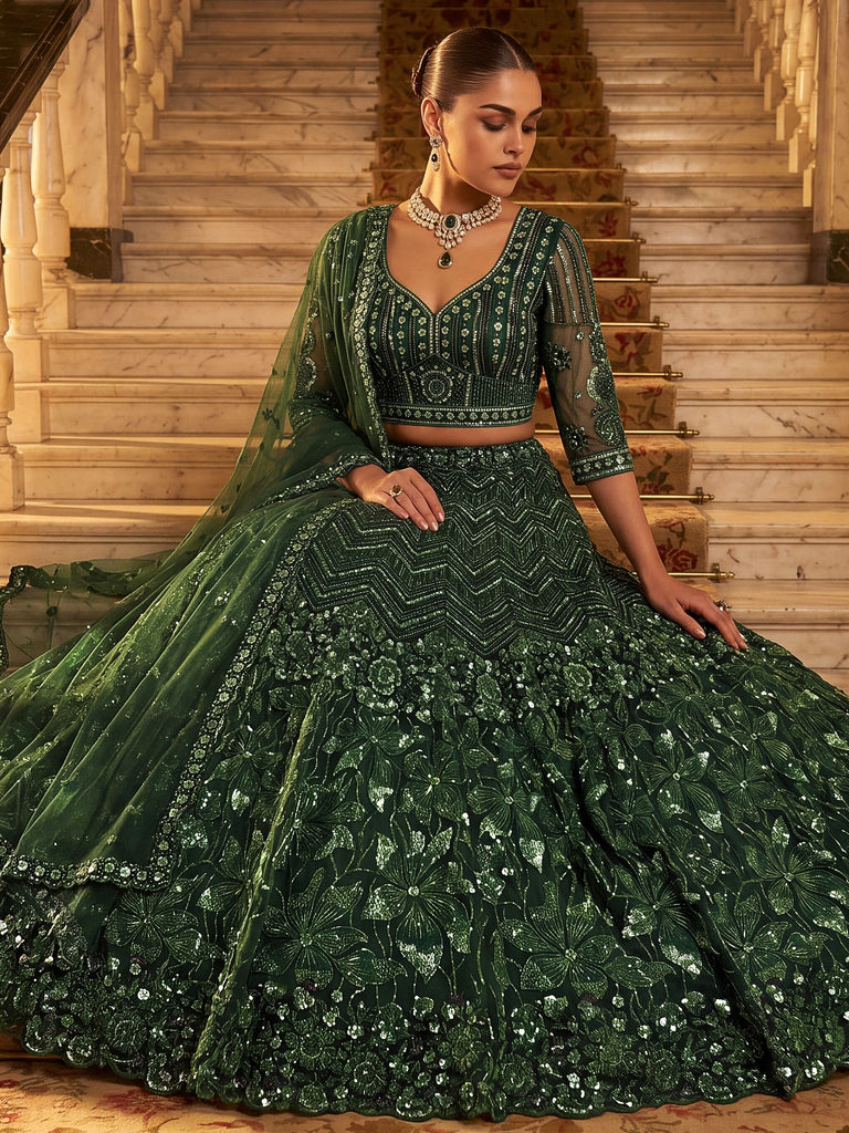 Rich Bottle Green Sequins Net Cocktail Wear Lehenga Choli With Dupatta